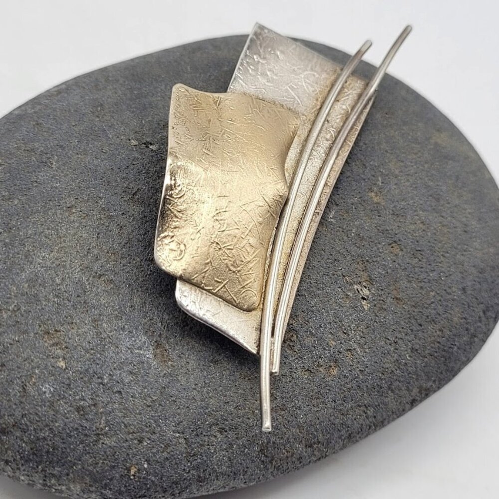 ED LEVIN 14K GOLD STERLING SILVER STUDIO ARTISAN MODERNIST SCULPTURE BROOCH PIN